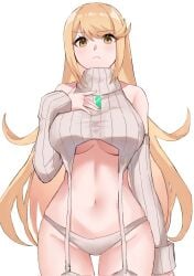 1girls bare_shoulders big_breasts blonde_hair core_crystal core_crystal_(xenoblade) curvy detached_sleeves garter_straps hair_between_eyes high_res light_frown long_hair meme_attire mythra navel panties skindentation sleeveless sleeveless_sweater sleeves_past_wrists standing sweater thigh_gap turtleneck turtleneck_sweater underwear very_long_hair virgin_destroyer_sweater white_panties white_sleeves xenoblade_(series) xenoblade_chronicles_2 yellow_eyes yukimimi16792