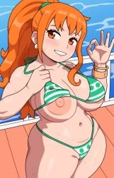 1girls breasts_out exposed_breasts female female_only flashing flashing_breasts hair_ribbon kabeume large_breasts light-skinned_female long_hair looking_at_viewer nami one_piece orange_eyes orange_hair shounen_jump smile solo solo_female tattoo
