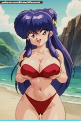 ai_generated aindroidparanoid beach big_breasts bikini blue_hair breasts buns cameltoe cleavage curvy curvy_figure hips large_breasts long_hair long_legs narrow_waist ocean outdoors outside pussy ranma_1/2 red_eyes sea seaside shampoo_(ranma_1/2) stable_diffusion wide_hips