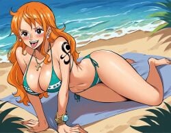 1girls ai_generated artist_request beach bikini cross_necklace female female_only nami nami_(one_piece) one_piece orange_hair post-timeskip randomran solo solo_female solo_focus