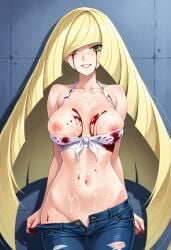 ai_generated blonde_hair blood blood_on_clothing blood_on_face civitai cum cum_on_body cum_on_breasts damaged_clothes green_eyes jeans long_hair lusamine_(pokemon) nipple_slip nipples pokemon ripped_clothing ripped_clothing tank_top tanktop white_tank_top