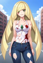 ai_generated blonde_hair blood blood_on_clothing blood_on_face civitai damaged_clothes green_eyes jeans long_hair lusamine_(pokemon) pokemon ripped_clothing ripped_clothing tank_top tanktop white_tank_top