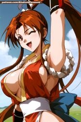 1990s_(style) 1girls ai_generated aindroidparanoid big_breasts blush blushing_at_viewer breasts brown_eyes brown_hair erect_nipples erect_nipples_under_clothes fatal_fury female female_focus female_only field_background hair_ribbon high_resolution highres huge_breasts king_of_fighters kunoichi light-skinned_female long_hair looking_at_viewer mai_shiranui no_bra perky_breasts ponytail revealing_clothes shiny_skin smiling snk soft_breasts solo solo_female solo_focus