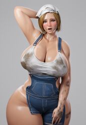 3d 3d_(artwork) ai_generated bandana bbw bbw_mom blonde_hair denim dirt fat_ass glives huge_ass huge_breasts original_character simple_background suspenders thick_thighs