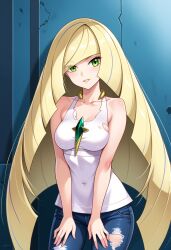 ai_generated blonde_hair civitai damaged_clothes green_eyes jeans long_hair lusamine_(pokemon) pokemon ripped_clothing ripped_clothing tank_top tanktop white_tank_top