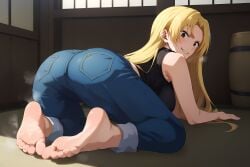 ai_generated anxiousdangero barefoot foot_fetish jeans jujutsu_kaisen toes yuki_tsukumo