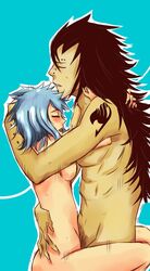 1boy 1girls black_hair blue_hair breasts closed_eyes couple fairy_tail female gajeel_redfox hug human larger_male levy_mcgarden long_hair male piercing sex smaller_female spiky_hair straight sweat