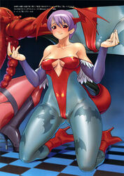 bat_wings blush breasts cameltoe capcom clothing cosine darkstalkers erect_nipples erect_nipples_under_clothes fingerless_gloves head_wings high_heel_boots kneeling leotard lilith_aensland morrigan_aensland pantyhose purple_hair red_eyes small_breasts succubi succubus text thighs translation_request