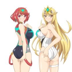 2girls ass big_breasts bikini blonde_hair hata_(pixiv10403940) mythra nintendo one-piece_bikini pin_up pyra red_eyes red_hair xenoblade_(series) xenoblade_chronicles_2 yellow_eyes