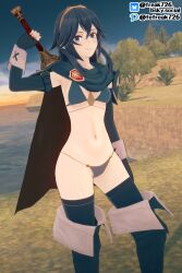 1girls 3d alternate_costume arm_up armpits ass_visible_through_thighs bare_midriff bare_thighs bikini blue_eyes blue_hair blue_swimsuit boots breasts cape elbow_gloves falchion_(fire_emblem) fefreak726 female female_only fingerless_gloves fire_emblem fire_emblem_awakening gloves hair_between_eyes holding holding_sword holding_weapon long_hair looking_at_viewer lucina_(fire_emblem) medium_breasts midriff navel nintendo outdoors sideboob smile solo swimsuit sword symbol-shaped_pupils thigh_boots thighs tiara tree underboob water weapon