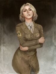 1girls absurdres attack_on_titan biting_lip blonde_hair breasts clothed_female colored curvy curvy_figure fair_skin female hands hitch_dreyse jawline lipbite lips_parted looking_at_viewer military military_jacket neck neight painting_(artwork) shingeki_no_kyojin simple_background solo solo_female solo_focus thighs