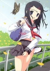 bag black_hair blue_eyes blurry butterfly copyright_request depth_of_field female high_resolution itou_life open_mouth railing school_uniform skirt skirt_pull skirt_tug smile wind wind_lift