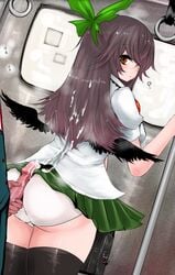 ass brown_hair buttjob cum cum_on_clothes panties pantyjob penis red_eyes ribbon rubbing standing thighhighs touhou utsuho_reiuji white_panties wings