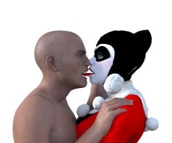 1boy 1girls biting_lip daz_studio dc dc_comics harley_quinn harley_quinn_(classic) tears