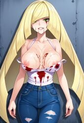 ai_generated blonde_hair blood blood_on_clothing blood_on_face civitai cum cum_on_body cum_on_breasts damaged_clothes green_eyes jeans long_hair lusamine_(pokemon) nipple_slip nipples pokemon ripped_clothing ripped_clothing tank_top tanktop white_tank_top