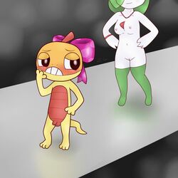 2013 balls blush breasts female fire gardevoir green_hair hair lizard male nintendo nipples nude penis pokemon pokemon_(species) pokephilia pussy scalie scraggy video_games young zekromlover