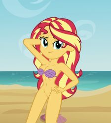 beach bottomless breasts disney equestria_girls female half-naked hand_on_hip hasbro midriff muscular_female my_little_pony nudity seashell_bra skinny_dipping slender_body sunset_shimmer the_little_mermaid vagina vulva