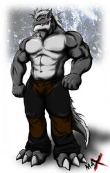 1boy abs biceps buff claws clothing dragon fangs hair looking_at_viewer male male_only pants paws pecs scar solo timberwolfmax topless