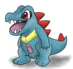 1boy 2012 3_toes balls blush feral male male_only open_mouth paws penis plain_background pokemon red_eyes smile solo totodile zekromlover