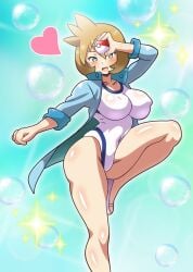 alternate_breast_size aqua_eyes ass bare_legs blue_jacket blush breasts bubble competition_swimsuit covered_erect_nipples covered_navel creatures_(company) curvy eyelashes female full_body game_freak gen_1_pokemon gen_2_pokemon green_eyes groin gym_leader hands_on_own_hips heart highleg highleg_one-piece_swimsuit highres hitokiwa_kenchin holding holding_poke_ball jacket kasumi_(pokemon) kasumi_(pokemon) large_breasts leg_up legs long_sleeves looking_at_viewer misty_(pokemon_hgss) navel nintendo nipples one-piece_swimsuit open_clothes open_jacket open_mouth orange_hair poke_ball poke_ball_(basic) pokemon pokemon_hgss shiny_skin short_hair simple_background smile solo sparkle sportswear standing standing_on_one_leg swimsuit swimsuit_under_clothes thick_thighs thighs track_jacket white_background white_jacket white_one-piece_swimsuit wide_hips
