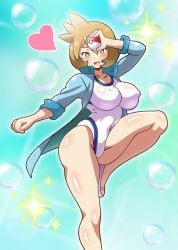 alternate_breast_size aqua_eyes ass bare_legs blue_jacket blush breasts bubble competition_swimsuit covered_erect_nipples covered_navel creatures_(company) curvy eyelashes female full_body game_freak gen_1_pokemon gen_2_pokemon green_eyes groin gym_leader hands_on_own_hips heart highleg highleg_one-piece_swimsuit highres hitokiwa_kenchin holding holding_poke_ball jacket kasumi_(pokemon) large_breasts leg_up legs long_sleeves looking_at_viewer misty_(pokemon_hgss) navel nintendo nipples one-piece_swimsuit open_clothes open_jacket open_mouth orange_hair poke_ball poke_ball_(basic) pokemon pokemon_hgss shiny_skin short_hair simple_background smile snowpowder198 solo sparkle sportswear standing standing_on_one_leg swimsuit swimsuit_under_clothes thick_thighs thighs track_jacket white_background white_jacket white_one-piece_swimsuit wide_hips