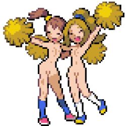 2girls backers_(pokemon) blonde_hair brank012 brown_hair caucasian cheerleader closed_eyes fair_skin female female_only happy kneehighs multiple_girls nintendo npc_trainer pixel_art pokemon pokemon_bw pom_poms self_upload sprite_edit tied_hair transparent_background