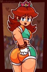 1girls artist_name ass ass_focus big_ass blue_eyes breasts brown_hair fat_ass female female_only gloves hand_on_hip highres large_breasts legs looking_at_viewer looking_back mario_(series) mario_strikers midriff nintendo open_mouth orange_shorts pose posing princess_daisy sensual short_hair shorts sideboob smile soccer soccer_uniform solo sportswear thighs voluptuous