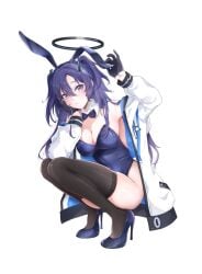 armpits ass_visible_through_thighs bare_shoulders black_gloves black_thighhighs blue_archive blue_bunnysuit blue_high_heels blush breasts bunny_ears bunnysuit cleavage gloves halo high_heels long_hair medium_breasts open_jacket open_mouth purple_eyes purple_hair ribbon squatting thighhighs thighs twintails yoru0409 yuuka_(blue_archive)