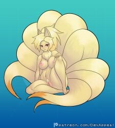 animal_humanoid breast_squish breasts canid canid_humanoid canine canine_humanoid dex_appeal female fox fox_ears fox_humanoid fox_spirit fox_tail fox_tails fur generation_1_pokemon genitals hair hi_res humanoid mammal mammal_humanoid mane multi_tail navel ninetales nintendo nipples nude pokemon pokemon_(species) pubes pussy red_eyes simple_background sitting spread_legs spreading squish tail yellow_body yellow_fur