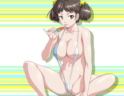 :p black_hair breasts brown_eyes cameltoe cleavage erect_nipples female kumada_kazushi large_breasts looking_at_viewer original pinky_out popsicle short_hair short_twintails sitting sling_bikini solo spread_legs swimsuit tied_hair tongue twintails watermelon_bar