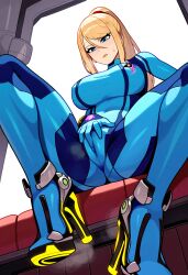 ai_generated cameltoe fingering_through_clothes masturbation metroid puffy_pussy samus_aran zero_suit zero_suit_samus