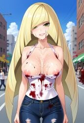 ai_generated blonde_hair blood blood_on_clothing blood_on_face civitai cum cum_on_body cum_on_breasts damaged_clothes green_eyes jeans long_hair lusamine_(pokemon) nipple_slip nipples pokemon ripped_clothing ripped_clothing tank_top tanktop white_tank_top