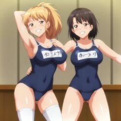 2girls ai_generated anime_style big_breasts blonde_hair blush brown_eyes brown_hair busty covered_navel curvy female female_only hi_res highres oc original panties pony_diffusion_xl ponytail pose school_swimsuit seraphim_ai short_hair smile stable_diffusion swimsuit thighhighs