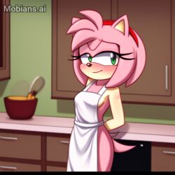 1girls ai_generated amy_rose anthro apron_only blush female female_only green_eyes headband hedgehog kitchen kitchen_counter mobian mobian_(species) naked_apron pink_fur pink_hair rodent sega smile sonic_(series) sonic_the_hedgehog_(series) tail