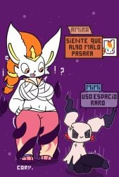 amira_o'neil anthro big_breasts big_penis bottomwear breasts cinderace clothing drawcat13 duo female generation_7_pokemon generation_8_pokemon genitals male mimikyu nintendo pants penis pokemon pokemon_(species) spanish_text tentacle text white_body