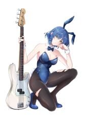 bare_arms bare_shoulders bass_guitar bassist belly_button_visible_through_clothing blue_bunnysuit blue_hair blue_high_heels blush bocchi_the_rock! breasts bunny_ears bunnysuit cleavage closed_mouth electric_guitar green_eyes hair_ornament high_heels medium_breasts on_one_knee pantyhose ribbon ripped_pantyhose shiny_skin short_hair yamada_ryou yoru0409