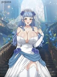 1girls alternate_costume alternate_hairstyle bangs bare_shoulders bare_thighs blue_hair breasts bridal_veil bride brown_eyes cleavage collarbone detached_sleeves dress female female_only fire_emblem fire_emblem:_three_houses fire_emblem_warriors:_three_hopes flower hair_flower hairband huge_breasts indoors light_blue_hair long_hair long_sleeves marianne_von_edmund nintendo official_alternate_hairstyle open_mouth plant pzpana rose see-through shoulders side_slit smile solo stairs thighhighs thighs veil very_long_hair wedding_dress window