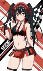 2d belly belly_button black_hair breasts date_a_live heterochromia indexryo light-skinned_female long_hair racing_suit red_eyes skirt solo solo_female thighs twintails yellow_eyes