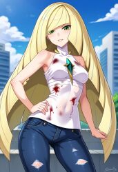 ai_generated blonde_hair blood blood_on_clothing blood_on_face civitai damaged_clothes green_eyes jeans long_hair lusamine_(pokemon) pokemon ripped_clothing ripped_clothing tank_top tanktop white_tank_top