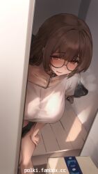 arm_support aroused bent_over blush brown_eyes brown_hair canine collar collarbone door fanbox_username female floor glasses heavy_breathing highres implied_bestiality implied_sex leash original polki zoophilia