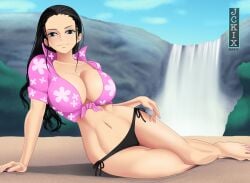 1girls bare_arms bare_legs bare_thighs big_breasts bikini_bottom black_hair blue_eyes clothed clothing color female female_focus female_only hi_res jckix_art large_breasts light-skinned_female light_skin long_hair looking_at_viewer nico_robin one_piece shirt shounen_jump solo solo_female tagme thick_thighs