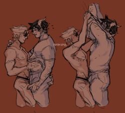 2boys armpit armpit_hair armpits brokuma dad_bod dirk_strider gay homestuck john_egbert male male_focus male_only partially_clothed partially_clothed_male partially_colored pulling_shirt_up pulling_up_shirt shirt_lift short_hair short_hair_male spiky_hair topless yaoi