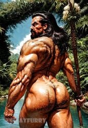 1boy abs ai_generated aigayfurry arm_hair ass ass_focus back back_hair back_muscles bara beard big_ass big_muscles big_nipples big_pecs black_hair chest_hair daddy dilf gay hair hairy hairy_ass hairy_chest hairy_male happy_trail huge_muscles human hunk kraven_the_hunter leg_hair long_hair male male_only marvel muscular muscular_human muscular_male nipples nude pecs penis pubic_hair signature solo spider-man_(series) water