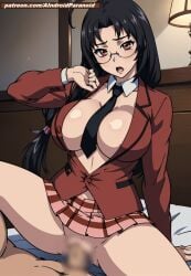 ai_generated aindroidparanoid bedroom black_hair blush censored cowgirl_position glasses huge_breasts ikkitousen indoors kaku_bunwa open_mouth red_eyes school_uniform schoolgirl skirt spread_legs stable_diffusion tits_out topless unbuttoned vaginal_penetration