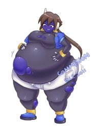 1girls aile ass_expansion belly_expansion big_ass big_belly big_breasts black_bodysuit black_skinsuit blue_jacket blue_skin blueberry_inflation bodysuit breast_expansion brown_hair cleavage expansion grabbing_own_belly hand_on_belly inflation jacket mega_man mega_man_zx ripped_clothing short_shorts shorts sile2011 skinsuit white_shorts