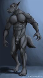 2019 5_fingers 5_toes abs animal_genitalia anthro balls big_chest big_muscles black_body black_fur black_lips broad_shoulders canid canine claws digital_media_(artwork) digital_painting_(artwork) ears_back feet fingers fur genitals grey_nose humanoid_feet lips looking_at_viewer male mammal mischevious muscular muscular_anthro muscular_male mythological_canine mythological_creature mythology navel nipples nude pecs pink_nipples pivoted_ears plantigrade pubes red_eyes sampsonwoof serratus shaded sheath signature simple_background smile soft_shading solo standing tail teeth thick_neck toe_claws toes were werecanid werecanine werewolf