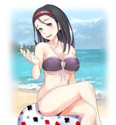 1girls ball beach_ball big_breasts bikini breasts crossed_legs day hairband kumokawa_seria large_breasts long_hair plump purple_bikini purple_eyes shin_(highest1192) sitting sitting_on_ball sitting_on_beachball solo solo_female swimsuit teenage_girl teenager thick_thighs to_aru_majutsu_no_index