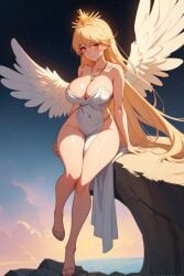 ai_generated almost_naked angel_wings aureola big_ass big_breasts blonde_hair blush damaris_selene divine necklace orange_eyes sitting_on_rock thick_thighs towel_only