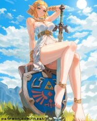 alluring bare_shoulders barefoot big_breasts blonde_hair blue_eyes blue_sky braid cloud commentary crown_braid dress english_commentary female hair_ornament hairclip itzah jewelry master_sword necklace nintendo panties pantyshot parted_lips patreon_username pixel_art planted planted_sword planted_weapon pointy_ears princess_zelda short_hair sitting sky smile sun sword the_legend_of_zelda the_legend_of_zelda:_tears_of_the_kingdom underwear weapon white_dress white_panties