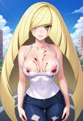 ai_generated blonde_hair blood blood_on_clothing blood_on_face civitai damaged_clothes green_eyes jeans long_hair lusamine_(pokemon) nipple_slip nipples pokemon ripped_clothing ripped_clothing tank_top tanktop white_tank_top